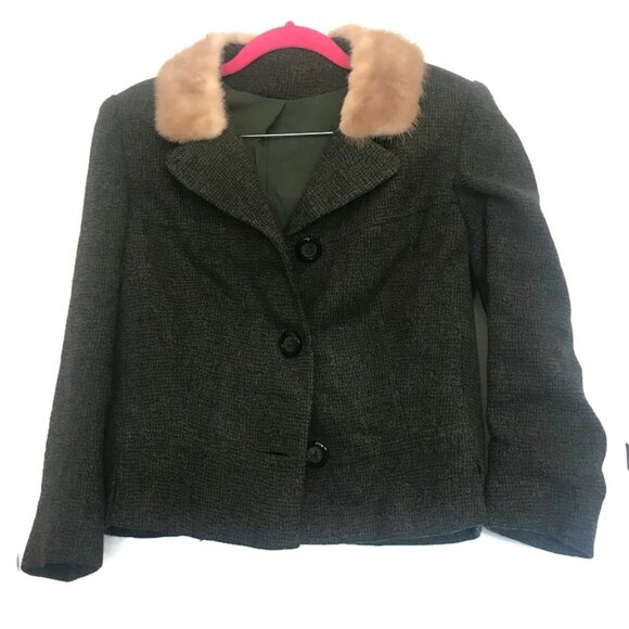 1960s vintage fur collar green tweed suit size medium large - Picture 4 of 9